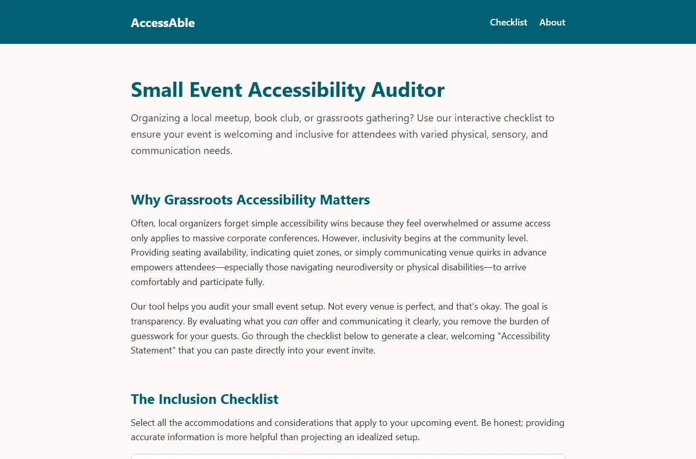 Screenshot of AccessAble: Small Event Checklist interface showing the project page in use